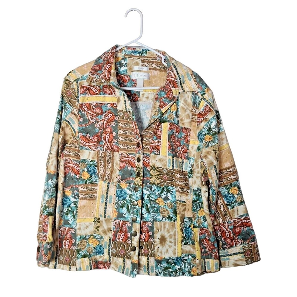 CJ Banks Multicolor Floral Patchwork Stretch Snap Button Jacket Womans Size 2X